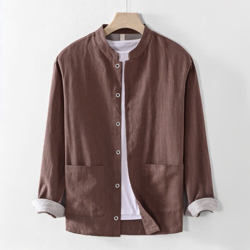 Buddha Stones Chemises à manches longues pour homme, style Tang, col mandarin, couleur unie, avec poche, idéales pour le printemps et l'été. - Terre de sienne - US/UK/AU44, EU54 (4XL) - image 0