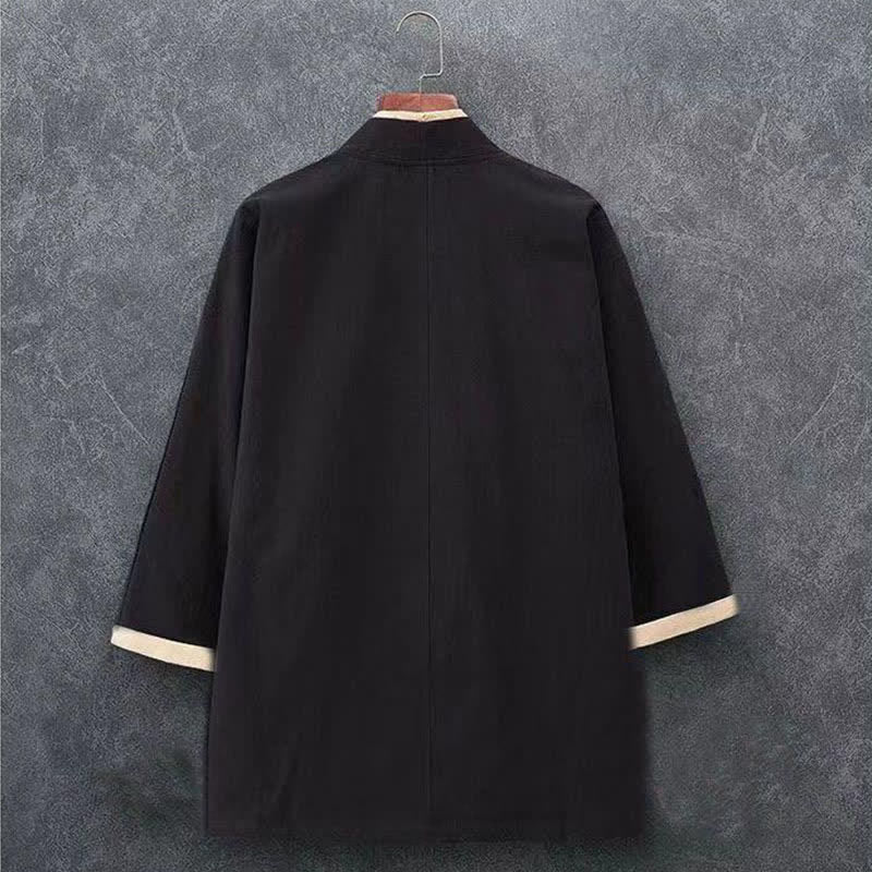 Buddha Stones Kimono homme printemps-été minimaliste et décontracté en coton uni, manches trois-quarts, à nœud et boutons. - image 3