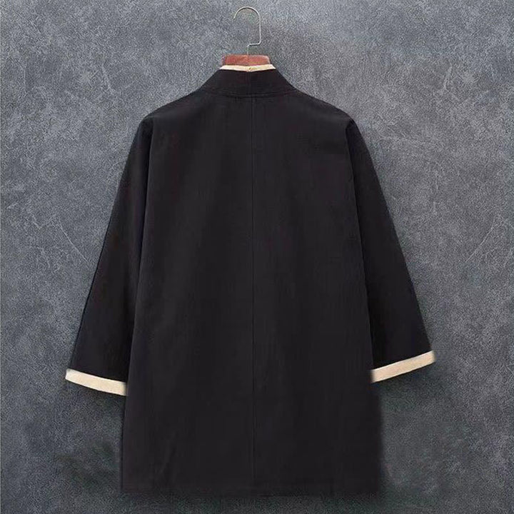 Buddha Stones Kimono homme printemps-été minimaliste et décontracté en coton uni, manches trois-quarts, à nœud et boutons. - image 3