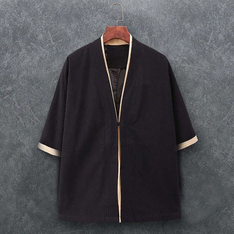 Buddha Stones Kimono homme printemps-été minimaliste et décontracté en coton uni, manches trois-quarts, à nœud et boutons. - Noir - US/UK/AU46, EU56 (5XL) - image 2