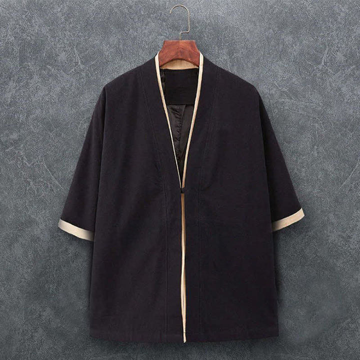 Buddha Stones Kimono homme printemps-été minimaliste et décontracté en coton uni, manches trois-quarts, à nœud et boutons. - Noir - US/UK/AU46, EU56 (5XL) - image 2