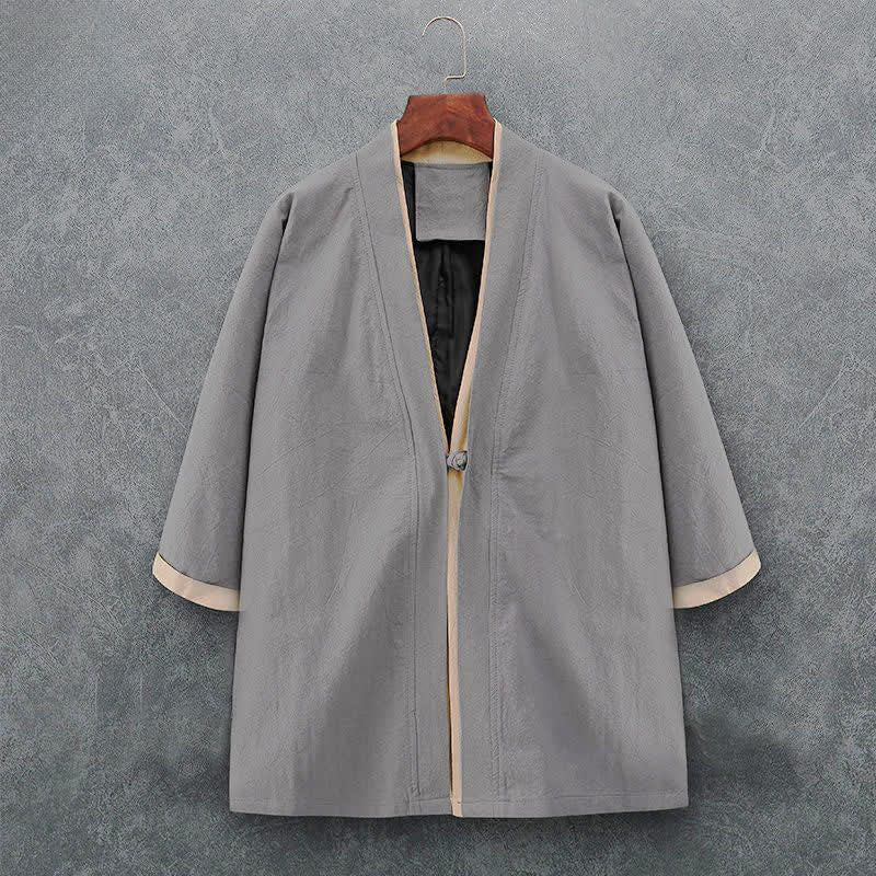 Buddha Stones Kimono homme printemps-été minimaliste et décontracté en coton uni, manches trois-quarts, à nœud et boutons. - Gris clair - US/UK/AU46, EU56 (5XL) - image 8
