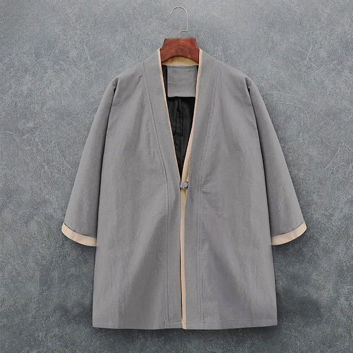 Buddha Stones Kimono homme printemps-été minimaliste et décontracté en coton uni, manches trois-quarts, à nœud et boutons. - Gris clair - US/UK/AU46, EU56 (5XL) - image 8