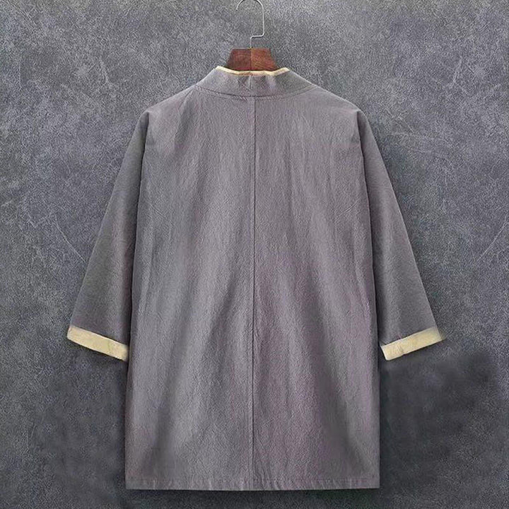 Buddha Stones Kimono homme printemps-été minimaliste et décontracté en coton uni, manches trois-quarts, à nœud et boutons. - image 9
