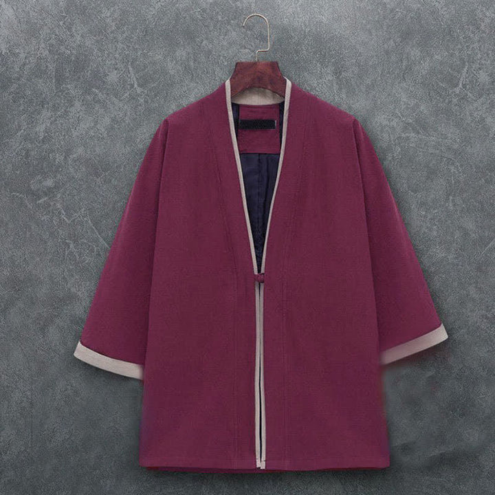 Buddha Stones Kimono homme printemps-été minimaliste et décontracté en coton uni, manches trois-quarts, à nœud et boutons. - Bordeaux - US/UK/AU46, EU56 (5XL) - image 10
