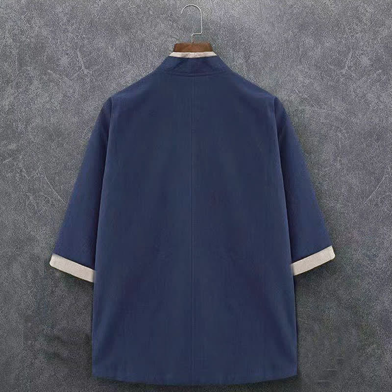 Buddha Stones Kimono homme printemps-été minimaliste et décontracté en coton uni, manches trois-quarts, à nœud et boutons. - image 1