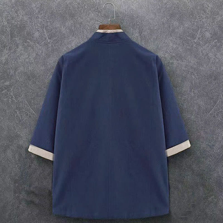 Buddha Stones Kimono homme printemps-été minimaliste et décontracté en coton uni, manches trois-quarts, à nœud et boutons. - image 1