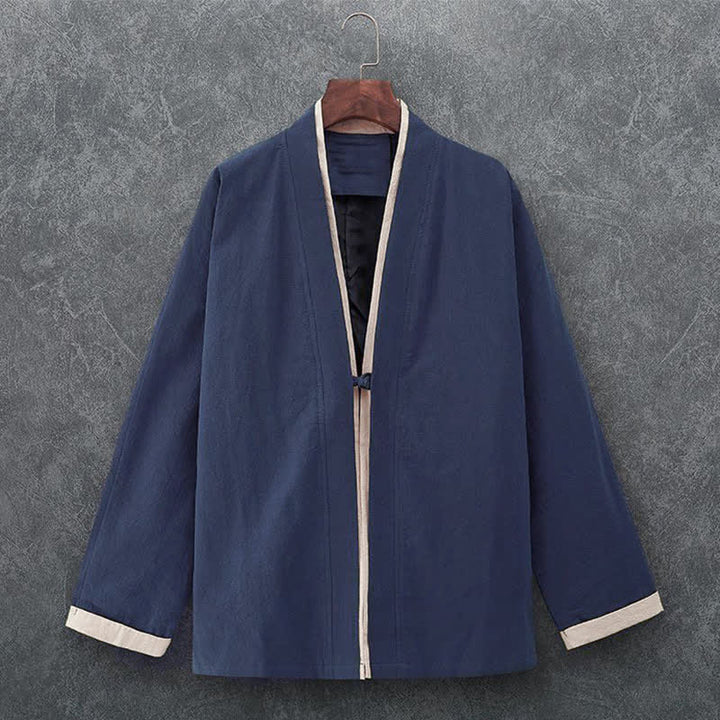 Buddha Stones Kimono homme printemps-été minimaliste et décontracté en coton uni, manches trois-quarts, à nœud et boutons. - Marine - US/UK/AU46, EU56 (5XL) - image 0