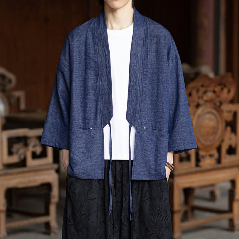 Buddha Stones Kimono homme printemps-été décontracté et minimaliste à cordon de serrage, manches trois-quarts et poche - Bleu ardoise foncé - US/UK/AU46, EU56 (5XL) - image 0