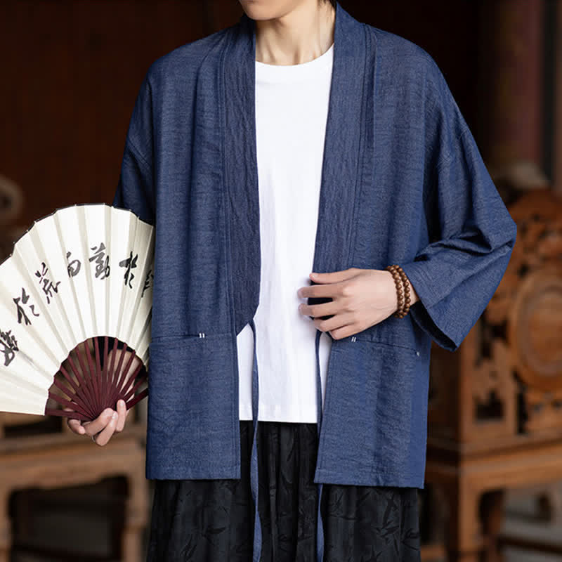 Buddha Stones Kimono homme printemps-été décontracté et minimaliste à cordon de serrage, manches trois-quarts et poche - image 1