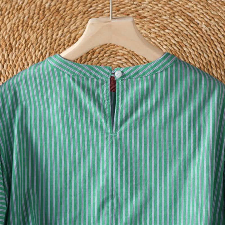 Buddha Stones T-shirt à manches longues pour femme, style minimaliste printanier, rayé vert, col rond. - image 4