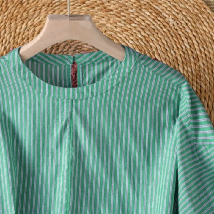 Buddha Stones T-shirt à manches longues pour femme, style minimaliste printanier, rayé vert, col rond. - image 5