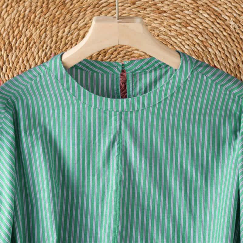 Buddha Stones T-shirt à manches longues pour femme, style minimaliste printanier, rayé vert, col rond. - image 3