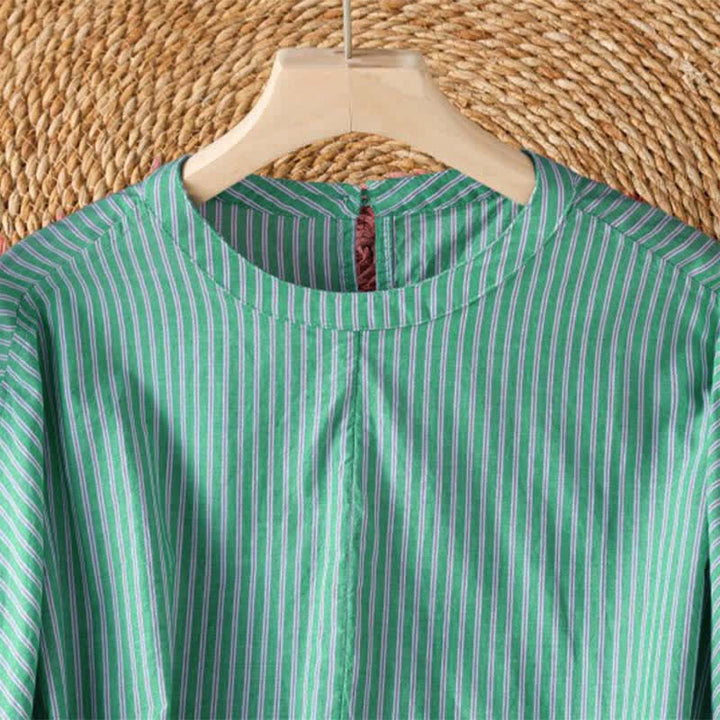 Buddha Stones T-shirt à manches longues pour femme, style minimaliste printanier, rayé vert, col rond. - image 3