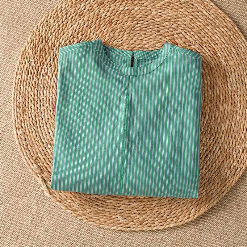 Buddha Stones T-shirt à manches longues pour femme, style minimaliste printanier, rayé vert, col rond. - image 2