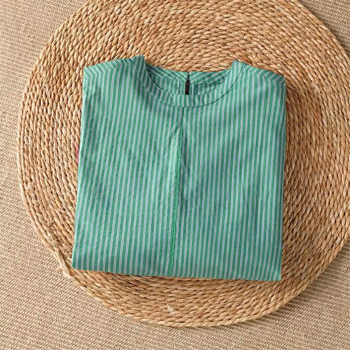 Buddha Stones T-shirt à manches longues pour femme, style minimaliste printanier, rayé vert, col rond. - image 2