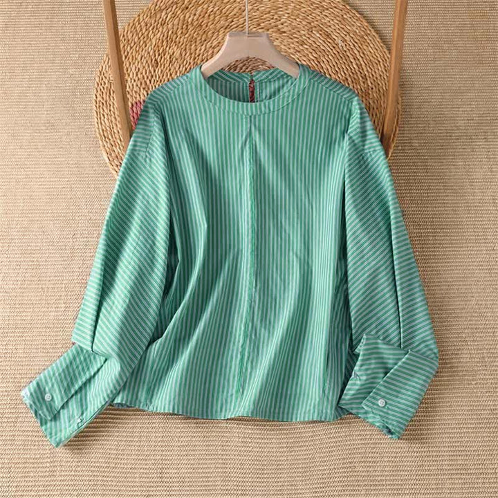 Buddha Stones T-shirt à manches longues pour femme, style minimaliste printanier, rayé vert, col rond. - Aigue-marine moyenne - US14, UK/AU18, EU46 (2XL) - image 0