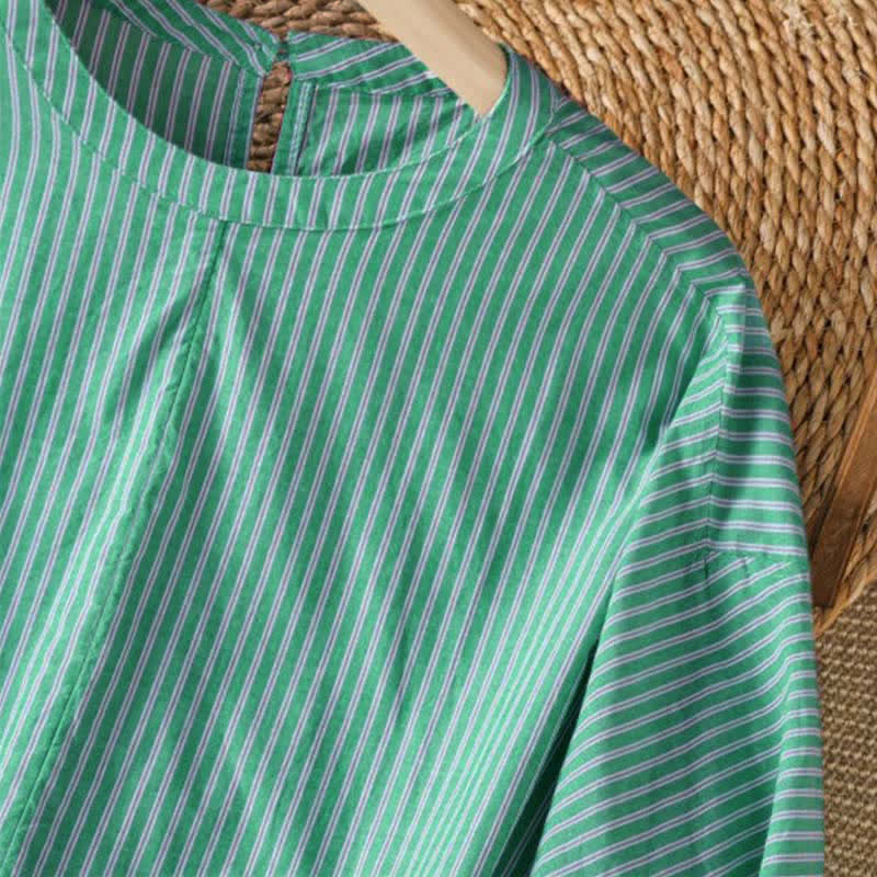 Buddha Stones T-shirt à manches longues pour femme, style minimaliste printanier, rayé vert, col rond. - image 6