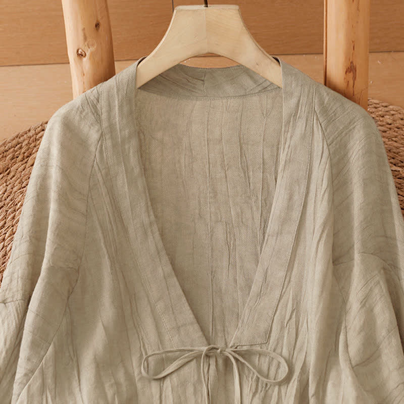 Buddha Stones Kimono d'été bohème décontracté pour femme, à cordon de serrage et motif froissé, couleur unie - image 3