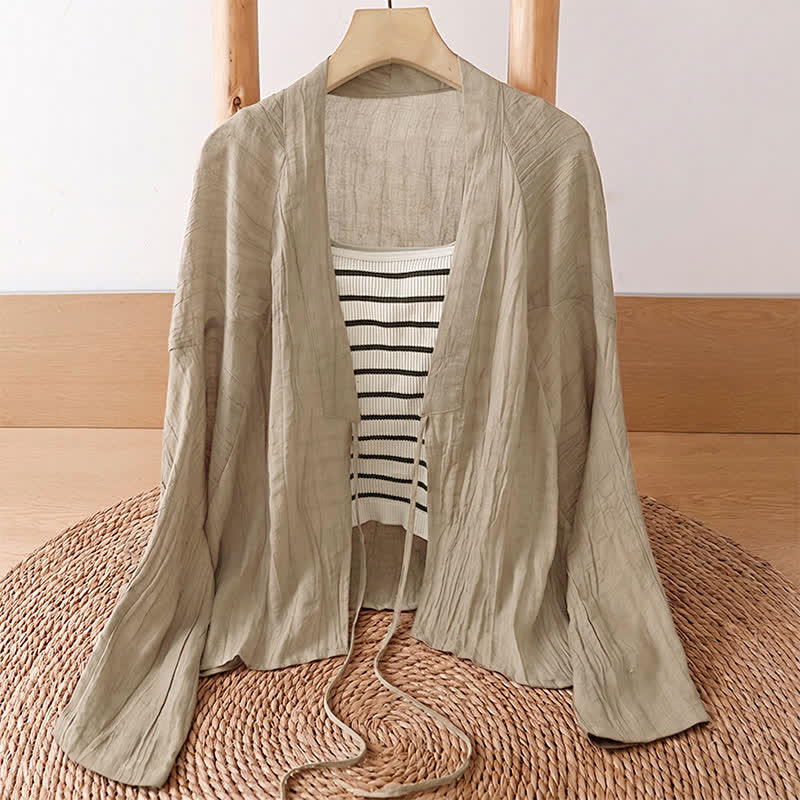 Buddha Stones Kimono d'été bohème décontracté pour femme, à cordon de serrage et motif froissé, couleur unie - image 2