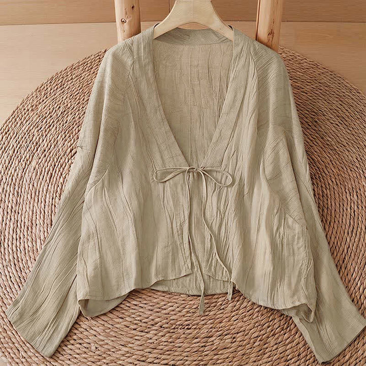 Buddha Stones Kimono d'été bohème décontracté pour femme, à cordon de serrage et motif froissé, couleur unie - Beige - US14, UK/AU18, EU46 (2XL) - image 0