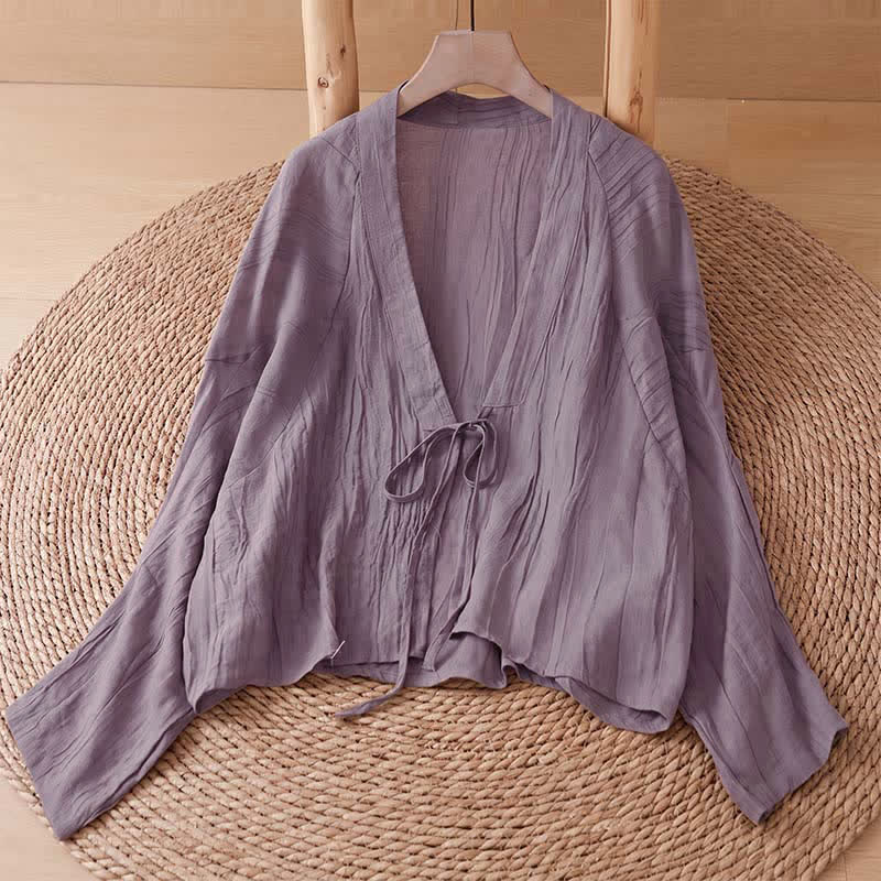 Buddha Stones Kimono d'été bohème décontracté pour femme, à cordon de serrage et motif froissé, couleur unie - Prune - US14, UK/AU18, EU46 (2XL) - image 21