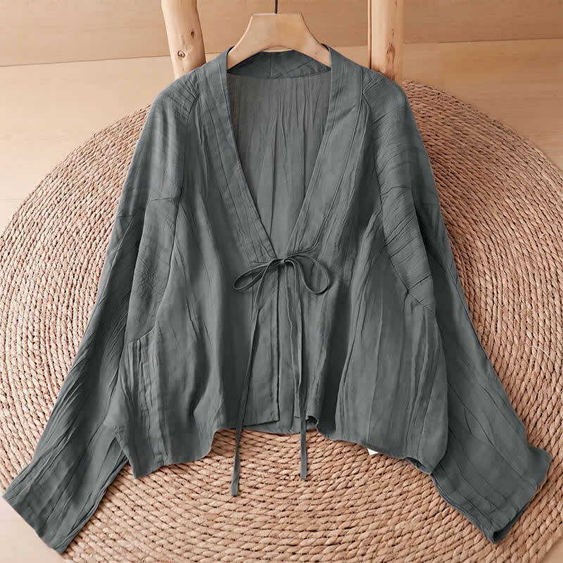 Buddha Stones Kimono d'été bohème décontracté pour femme, à cordon de serrage et motif froissé, couleur unie - Gris ardoise - US14, UK/AU18, EU46 (2XL) - image 32