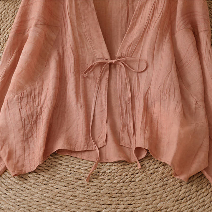 Buddha Stones Kimono d'été bohème décontracté pour femme, à cordon de serrage et motif froissé, couleur unie - image 31