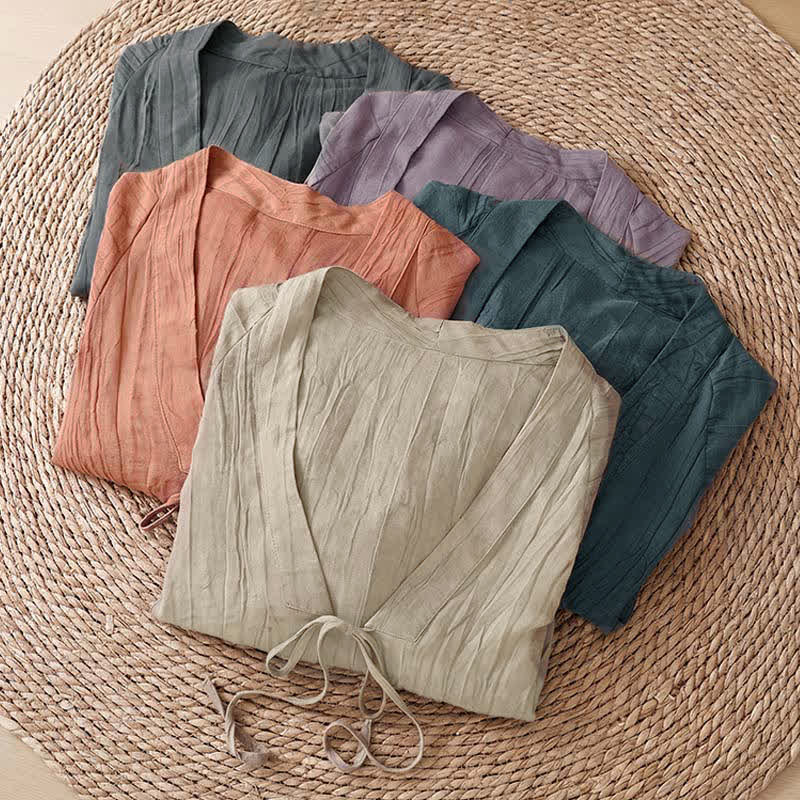 Buddha Stones Kimono d'été bohème décontracté pour femme, à cordon de serrage et motif froissé, couleur unie - image 38
