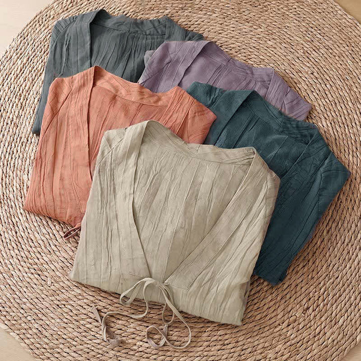 Buddha Stones Kimono d'été bohème décontracté pour femme, à cordon de serrage et motif froissé, couleur unie - image 38