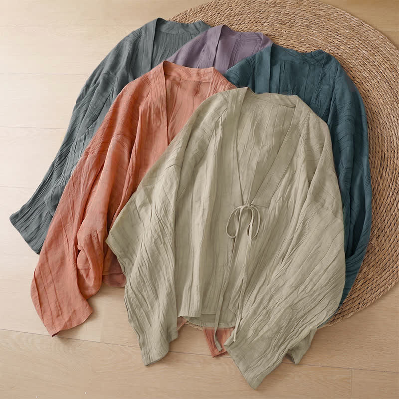Buddha Stones Kimono d'été bohème décontracté pour femme, à cordon de serrage et motif froissé, couleur unie - image 37