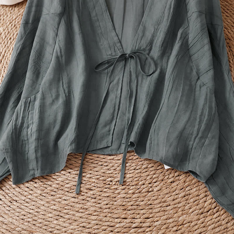 Buddha Stones Kimono d'été bohème décontracté pour femme, à cordon de serrage et motif froissé, couleur unie - image 35