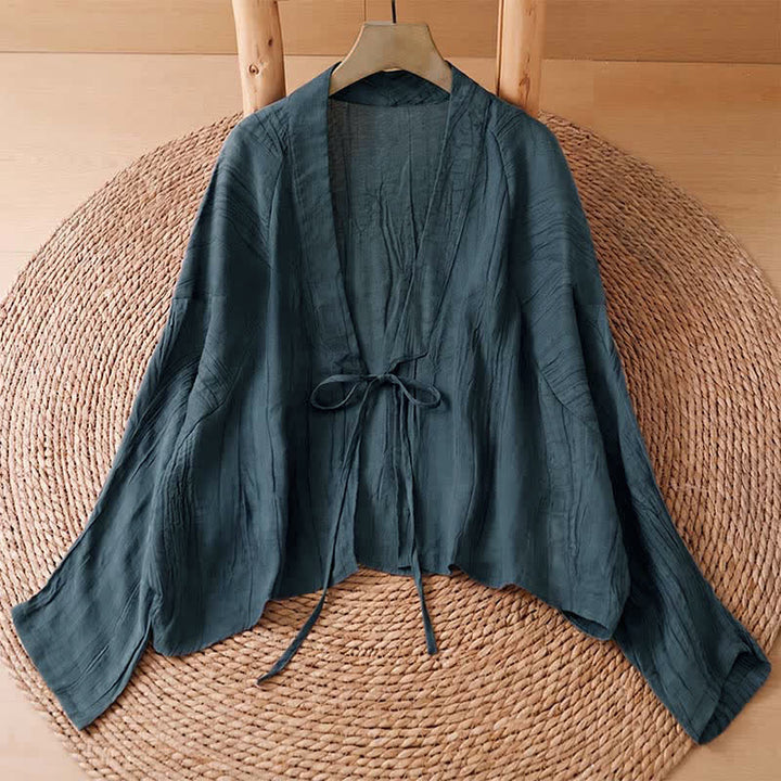 Buddha Stones Kimono d'été bohème décontracté pour femme, à cordon de serrage et motif froissé, couleur unie - Sarcelle - US14, UK/AU18, EU46 (2XL) - image 10