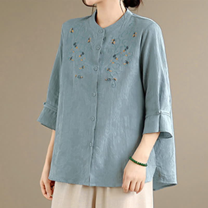 Buddha Stones Chemises à manches longues pour femmes, style Tang vintage, broderie, col mandarin et motif floral, printemps-été - image 12