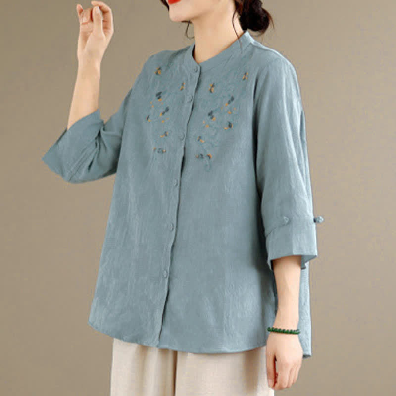 Buddha Stones Chemises à manches longues pour femmes, style Tang vintage, broderie, col mandarin et motif floral, printemps-été - image 15