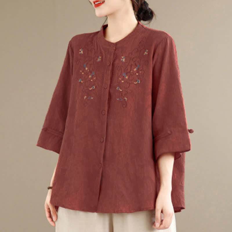 Buddha Stones Chemises à manches longues pour femmes, style Tang vintage, broderie, col mandarin et motif floral, printemps-été - image 4