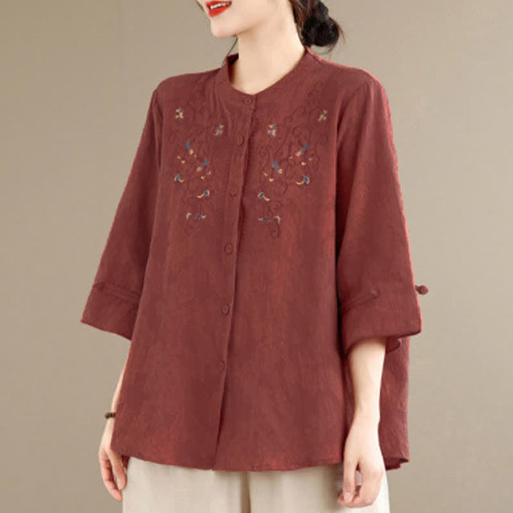 Buddha Stones Chemises à manches longues pour femmes, style Tang vintage, broderie, col mandarin et motif floral, printemps-été - image 4