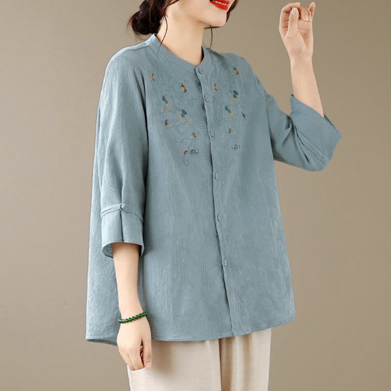 Buddha Stones Chemises à manches longues pour femmes, style Tang vintage, broderie, col mandarin et motif floral, printemps-été - image 14