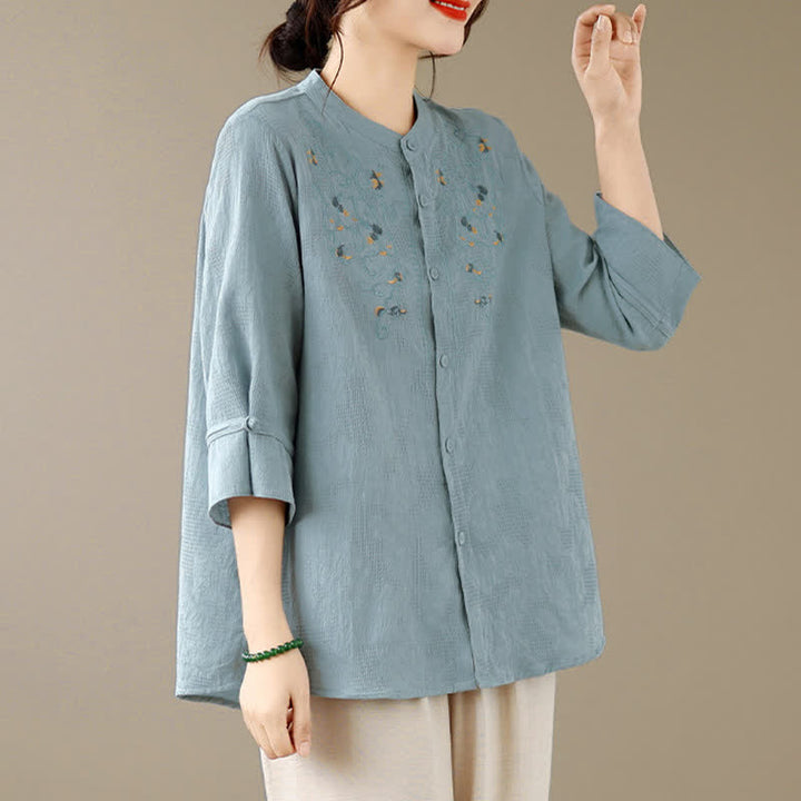 Buddha Stones Chemises à manches longues pour femmes, style Tang vintage, broderie, col mandarin et motif floral, printemps-été - image 14