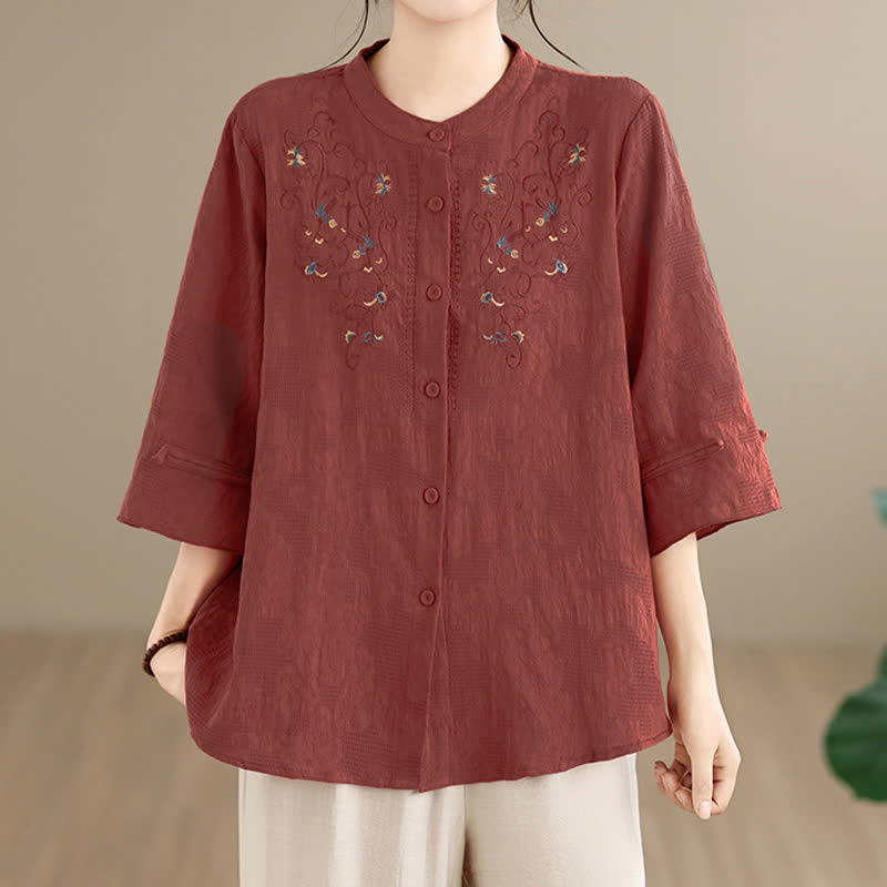 Buddha Stones Chemises à manches longues pour femmes, style Tang vintage, broderie, col mandarin et motif floral, printemps-été - image 1