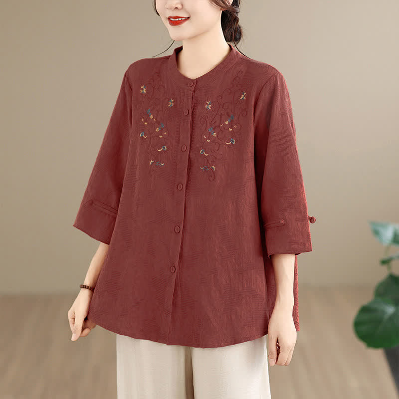 Buddha Stones Chemises à manches longues pour femmes, style Tang vintage, broderie, col mandarin et motif floral, printemps-été - Terre de sienne - US12, UK/AU16, EU44 (3XL) - image 0
