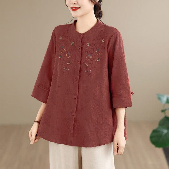 Buddha Stones Chemises à manches longues pour femmes, style Tang vintage, broderie, col mandarin et motif floral, printemps-été - Terre de sienne - US12, UK/AU16, EU44 (3XL) - image 0