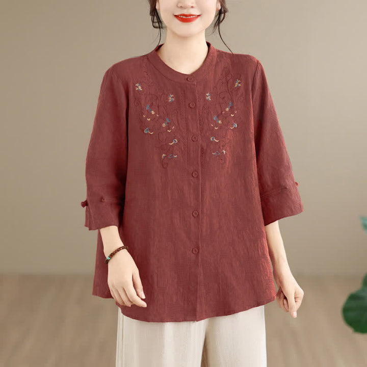 Buddha Stones Chemises à manches longues pour femmes, style Tang vintage, broderie, col mandarin et motif floral, printemps-été - image 3