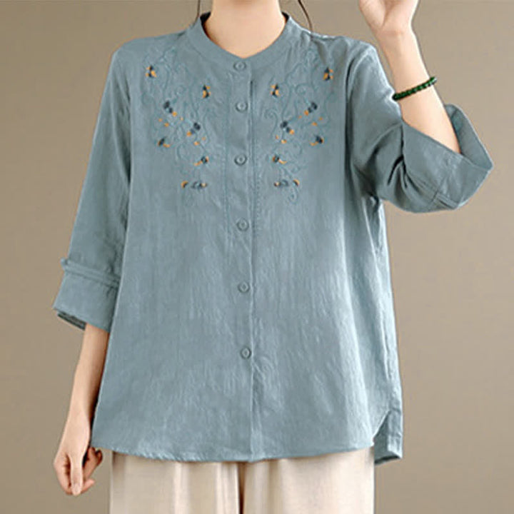 Buddha Stones Chemises à manches longues pour femmes, style Tang vintage, broderie, col mandarin et motif floral, printemps-été - image 11