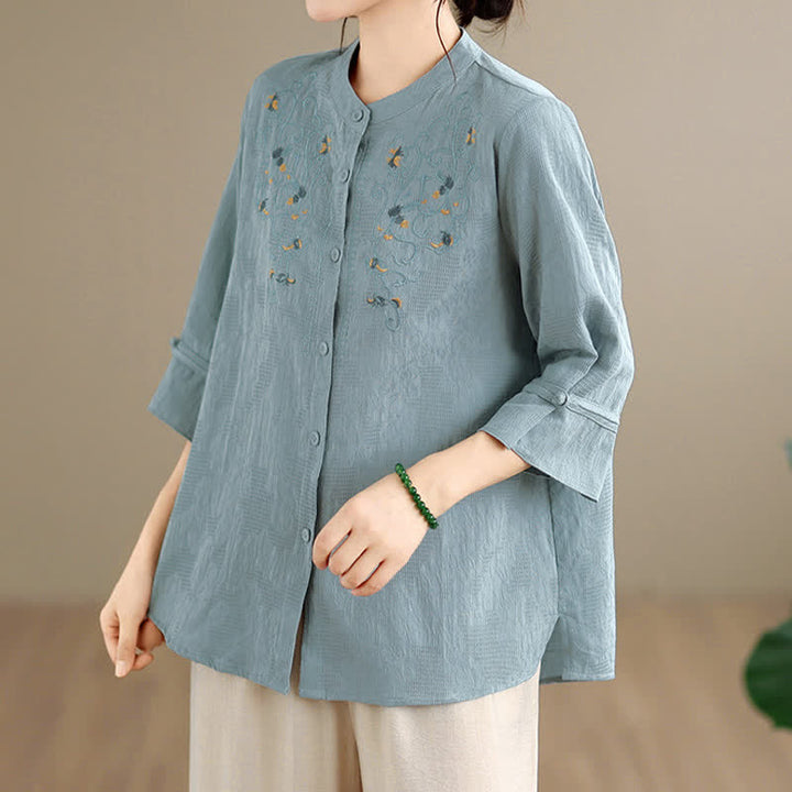 Buddha Stones Chemises à manches longues pour femmes, style Tang vintage, broderie, col mandarin et motif floral, printemps-été - image 16