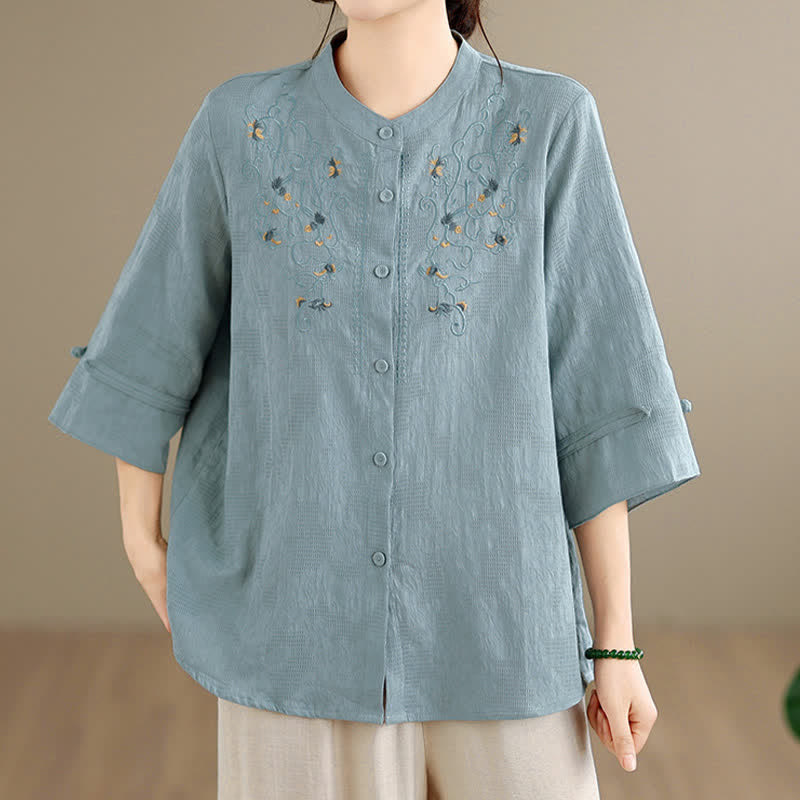 Buddha Stones Chemises à manches longues pour femmes, style Tang vintage, broderie, col mandarin et motif floral, printemps-été - image 17