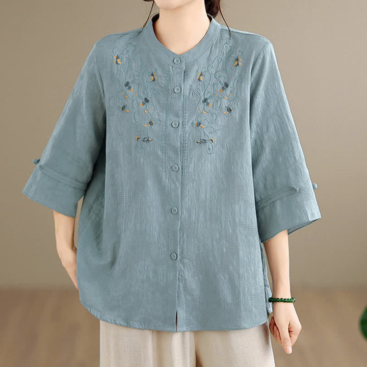 Buddha Stones Chemises à manches longues pour femmes, style Tang vintage, broderie, col mandarin et motif floral, printemps-été - image 17