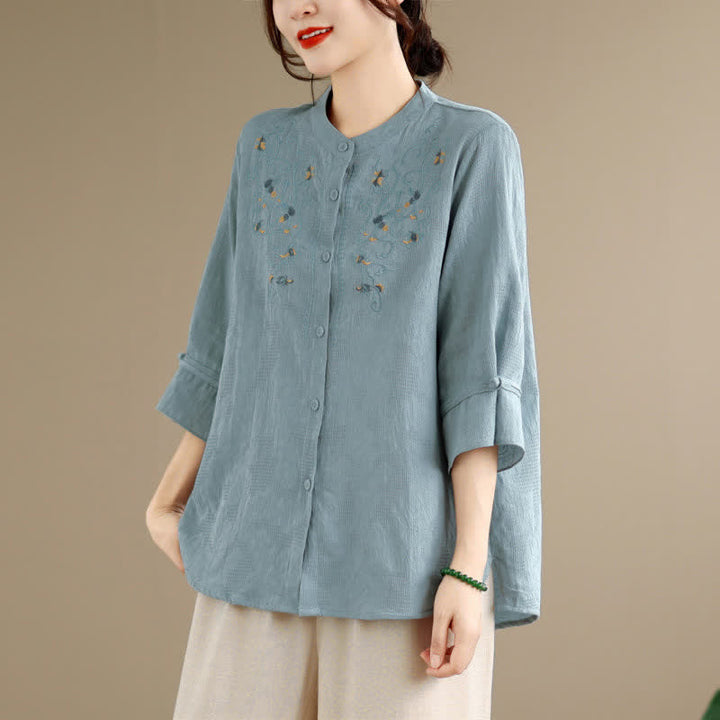 Buddha Stones Chemises à manches longues pour femmes, style Tang vintage, broderie, col mandarin et motif floral, printemps-été - Bleu clair - US12, UK/AU16, EU44 (3XL) - image 10