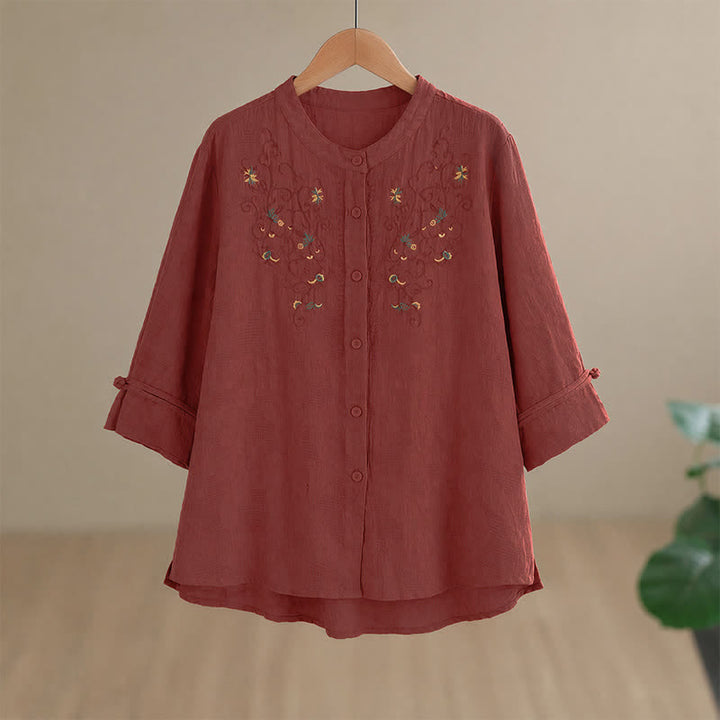 Buddha Stones Chemises à manches longues pour femmes, style Tang vintage, broderie, col mandarin et motif floral, printemps-été - image 9