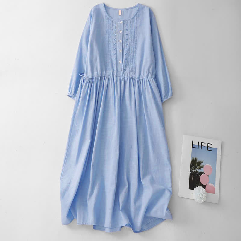 Buddha Stones Robe printemps-été décontractée vintage à boutons et cordon de serrage, col rond, manches trois-quarts, pour femme - Bleu clair - US12, UK/AU16, EU44 (2XL) - image 1